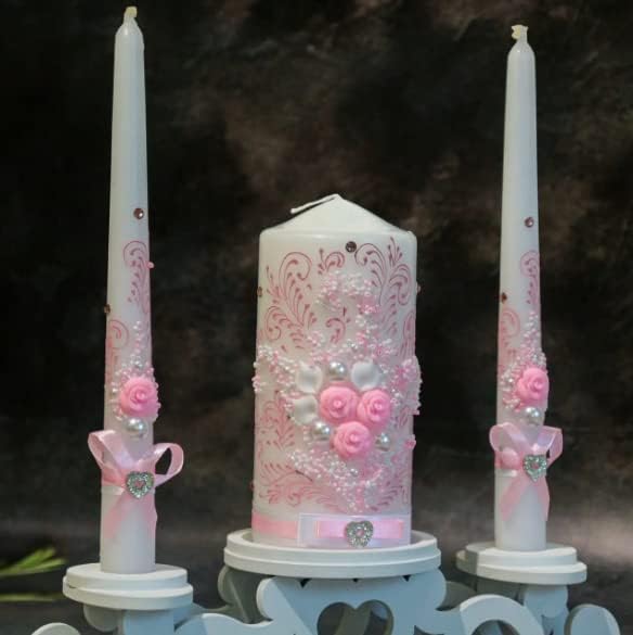 VABA Rose Pink Wedding Candles Set - 6 Pillar 2 x 10 Tapers - Unscented