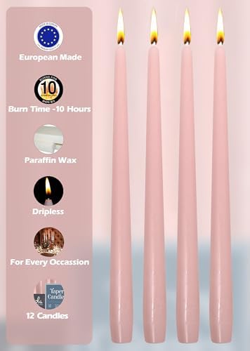Hyoola Tall Taper Candles - 10 Hour Burn Time - 12 Light Pink