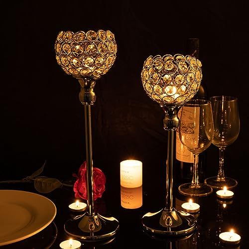 VINCIGANT Gold Crystal Candle Holders Set of 2