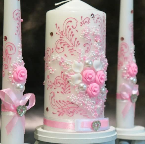 VABA Rose Pink Wedding Candles Set - 6 Pillar 2 x 10 Tapers - Unscented