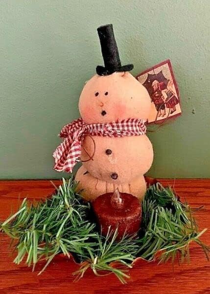Primitive Handmade Snowman Candle in Tin Pan - Rustic Cozy for Home Kitchen