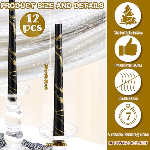12-Piece Black Taper Candles 10 Inch Black and Gold Long Burning Candles