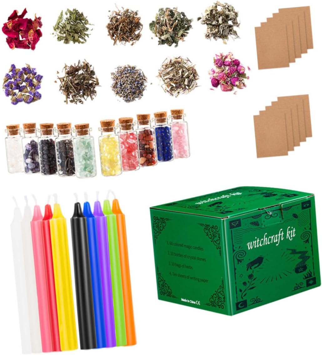 FRCOLOR Witchcraft Starter Kit with Dried Flowers and Crystals