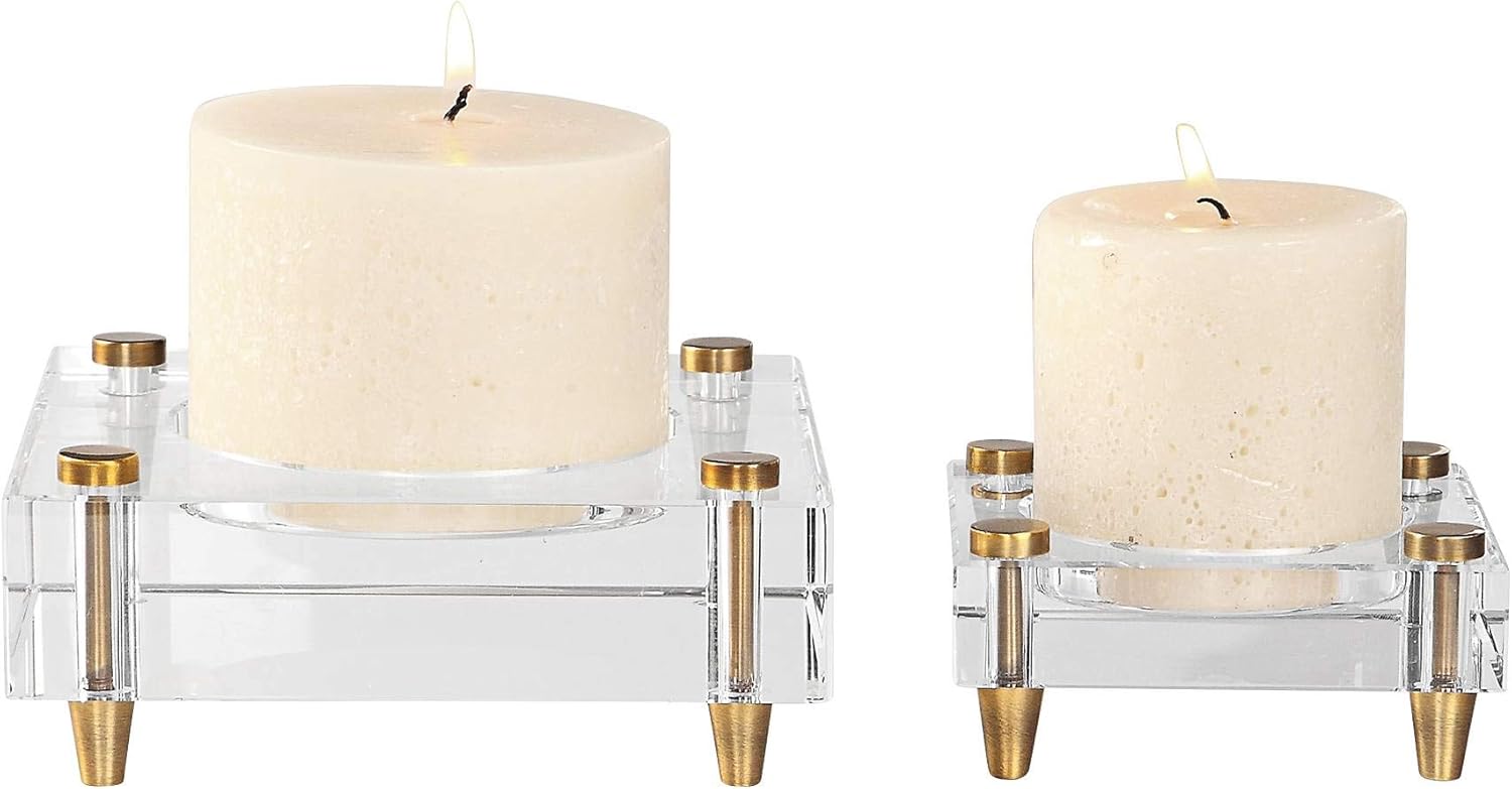 Uttermostclair Brass Crystal Pillar Candle Holder Set of 2