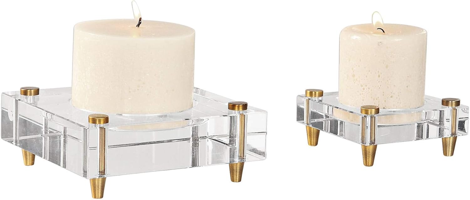 Uttermostclair Brass Crystal Pillar Candle Holder Set of 2