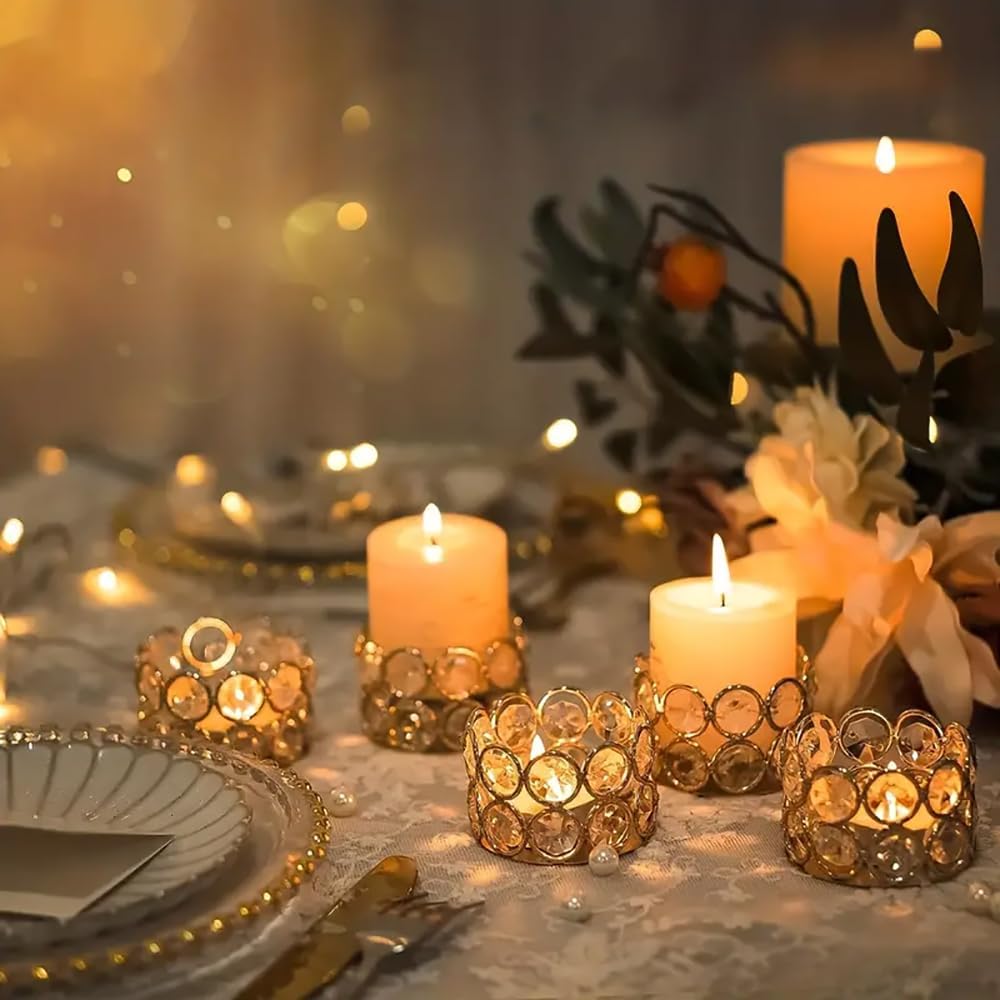 VINCIGANT Pack of 12 Gold Crystal Tea Light Holder