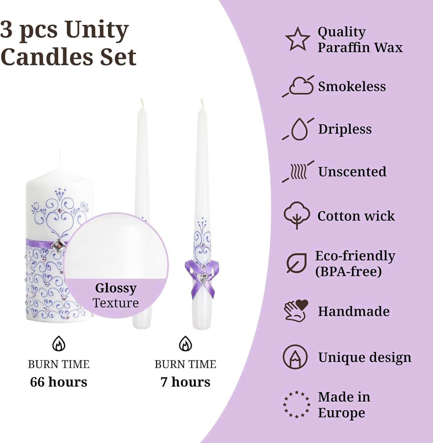 VABA Unity Violet Wedding Candles Set - Ceremony Unity Candles Set of 3