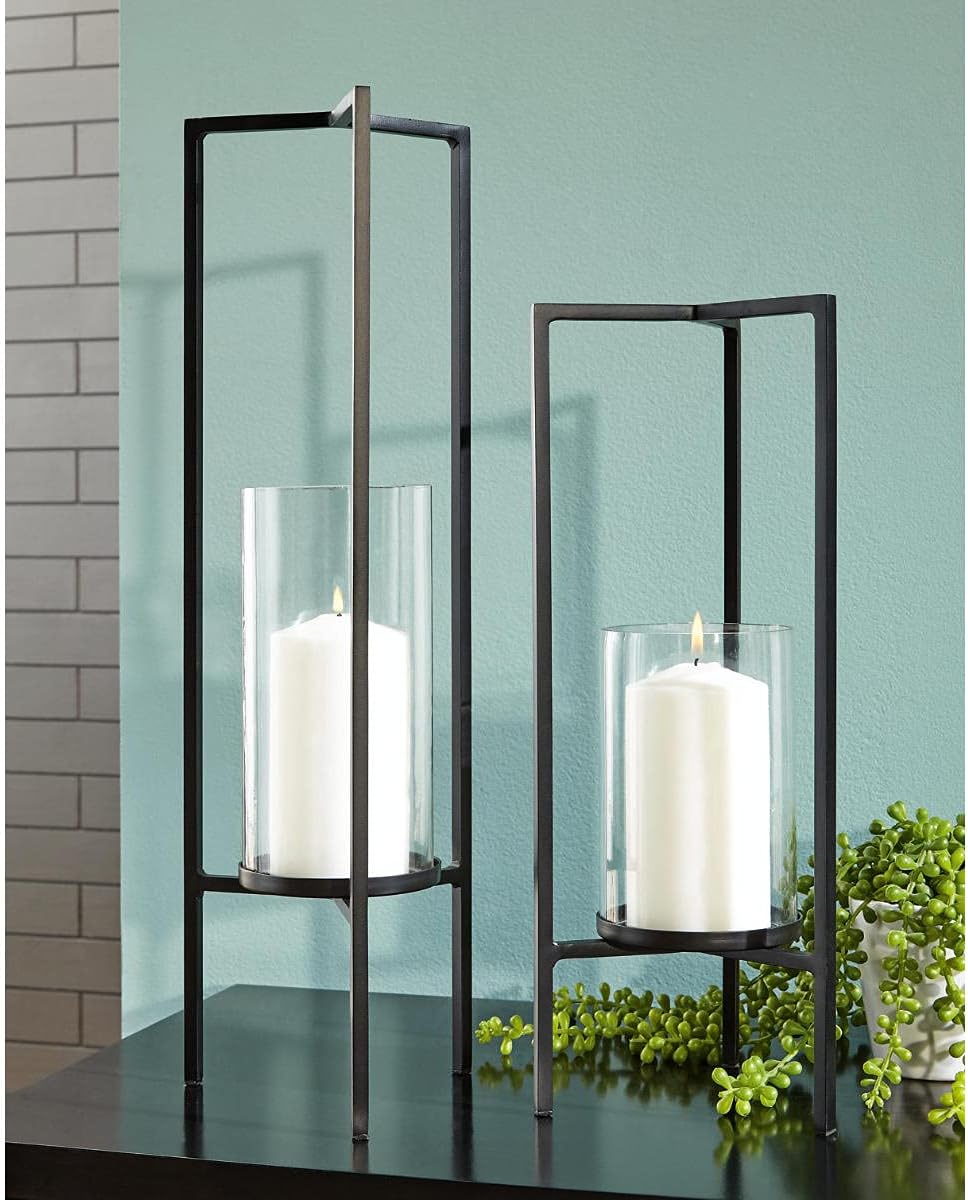 Sleek Metal hurricane glass candle holder set