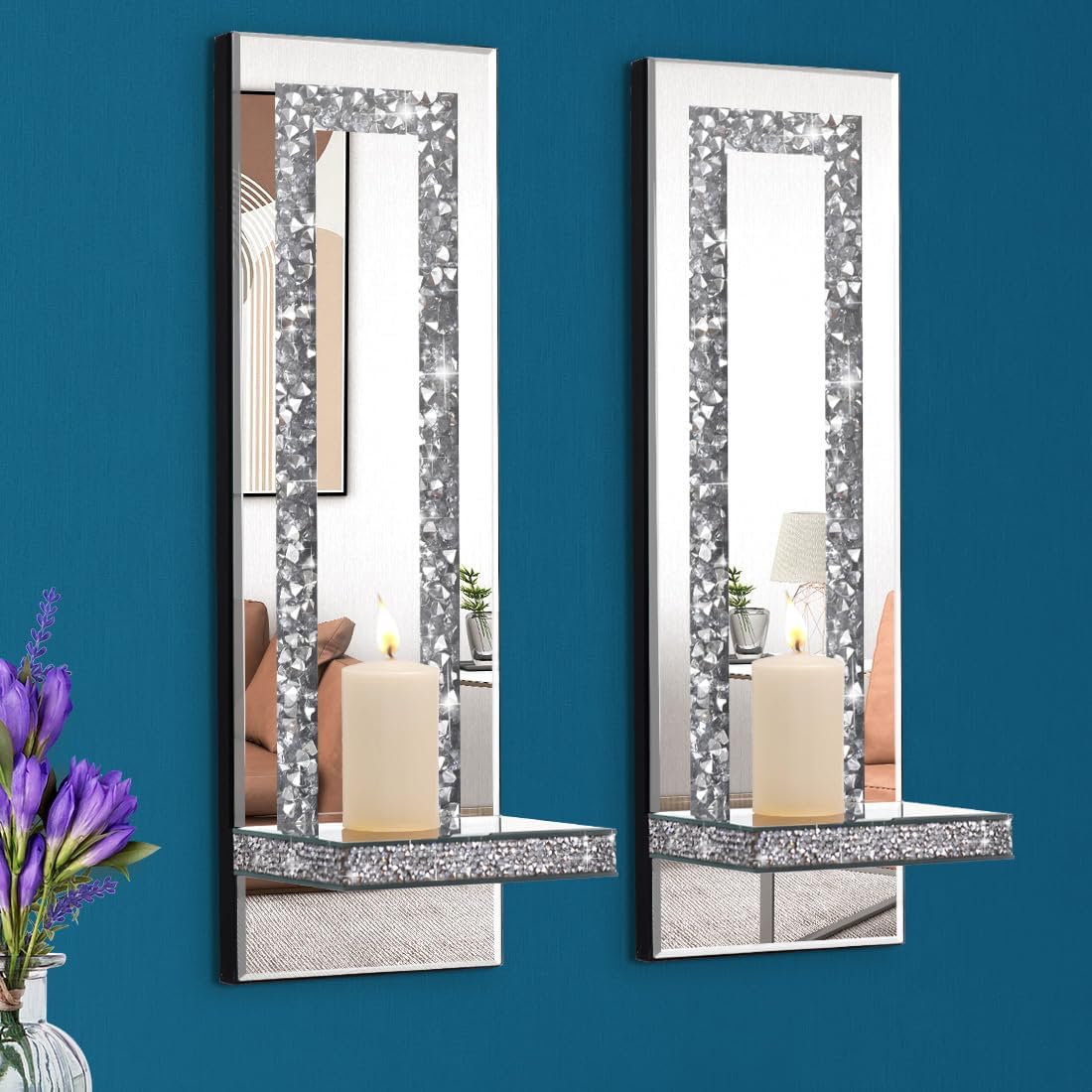 Simply Elegance Crystal Crush Diamond Mirrored Candle Sconves Silver