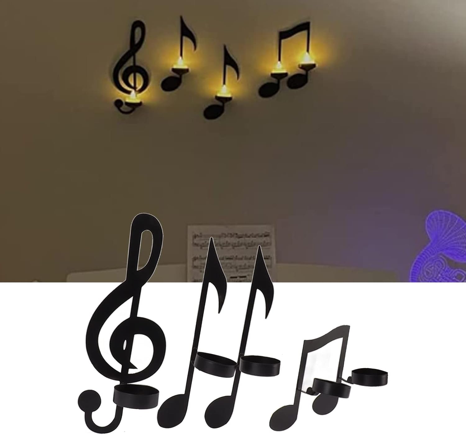 4Pcs Wall Sconces Black Metal Music Note Candle Holders