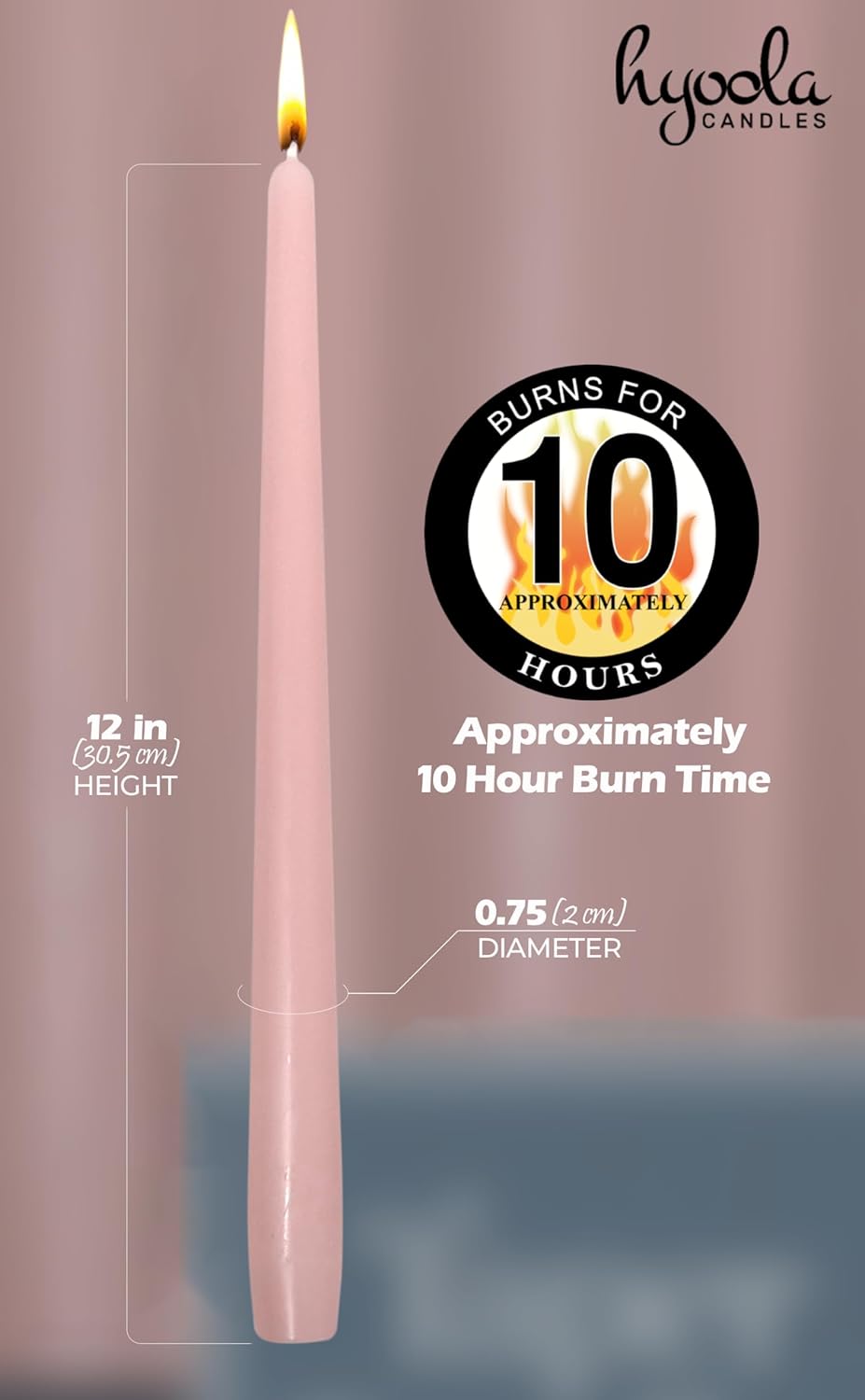 Hyoola Tall Taper Candles - 10 Hour Burn Time - 12 Light Pink