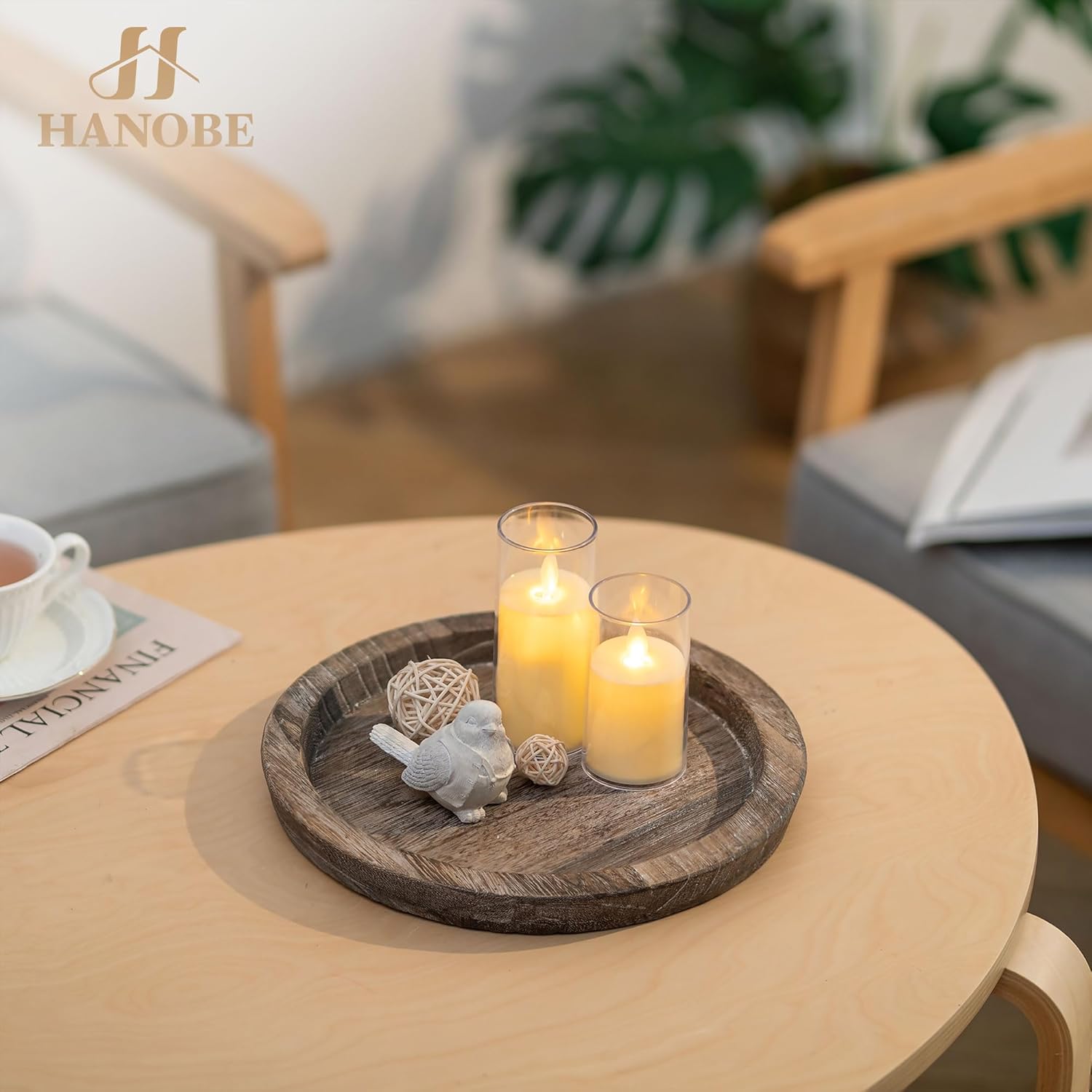 Hanobe Small Candle Plate Holder Rustic Wooden Table Centerpiece