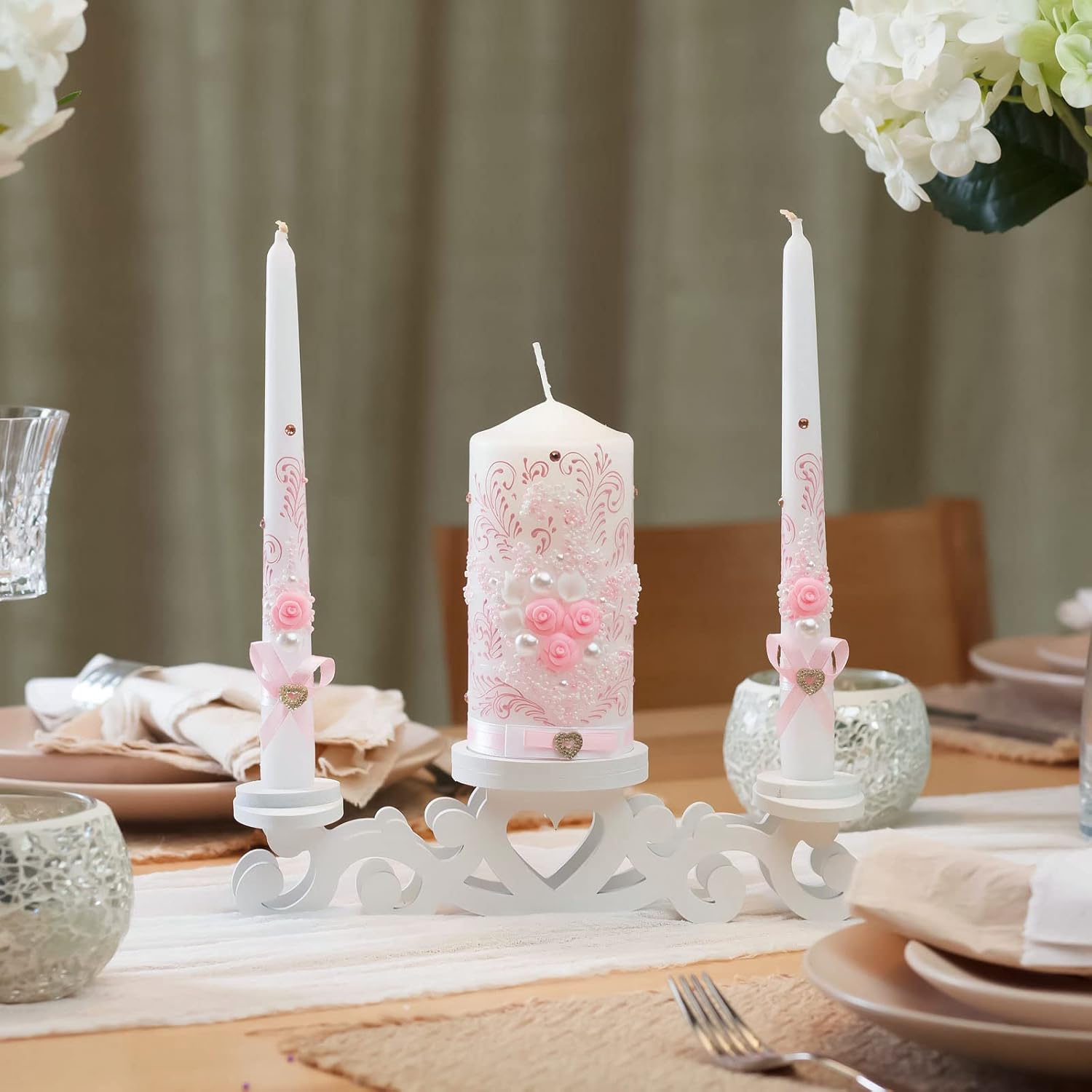 VABA Rose Pink Wedding Candles Set - 6 Pillar 2 x 10 Tapers - Unscented