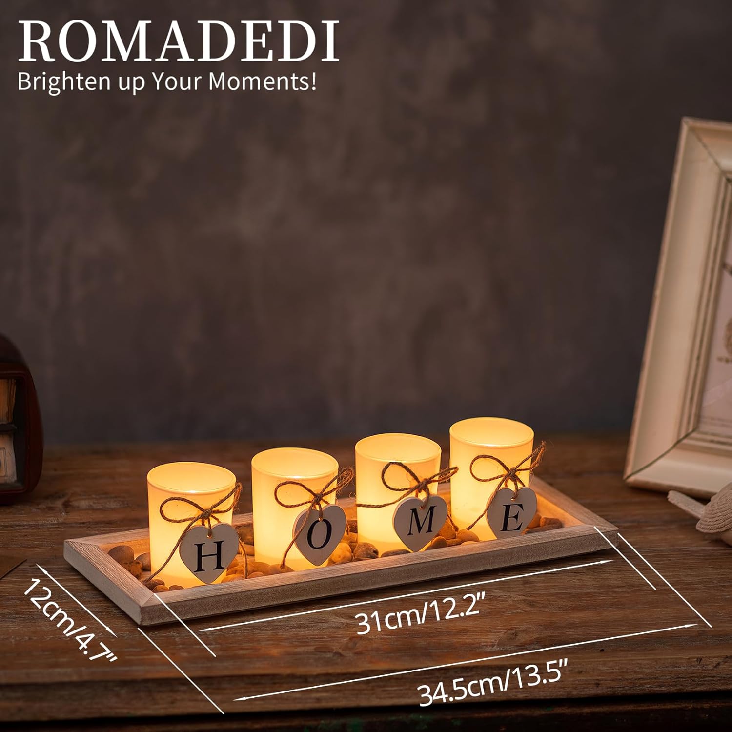 Romadedi Rustic Wooden Tray with 4 Glass Candle Holders
