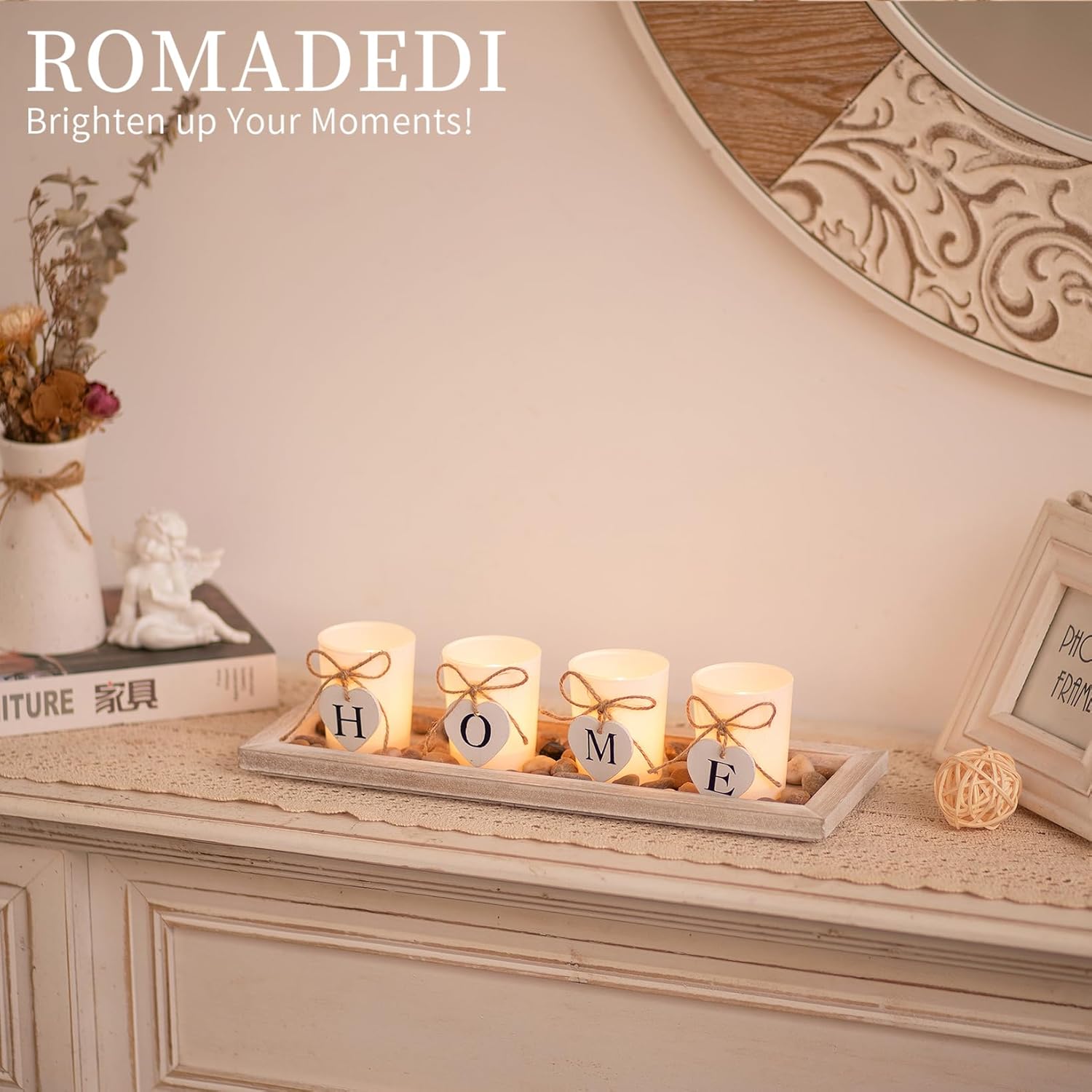 Romadedi Rustic Wooden Tray with 4 Glass Candle Holders