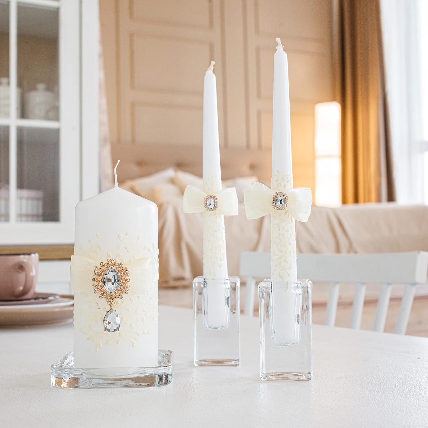 Elegant Big White Unity Candle Set