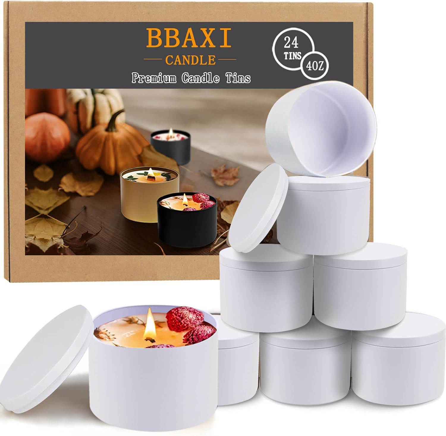 BBAXI 24 Pcs White Candle Tins with Lids Black Empty 4 oz
