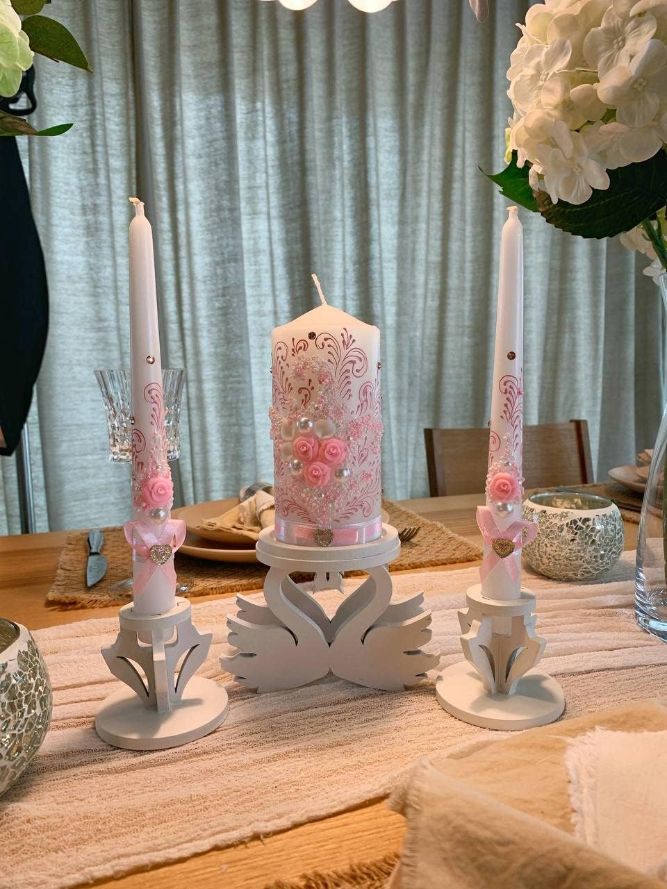 VABA Rose Pink Wedding Candles Set - 6 Pillar 2 x 10 Tapers - Unscented