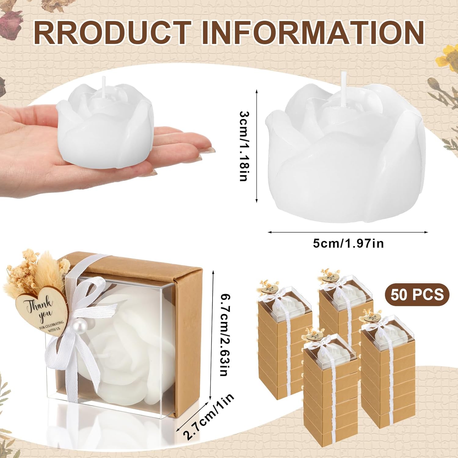 Threlaco 50 Sets Wedding Rose Candles Favor Bulk