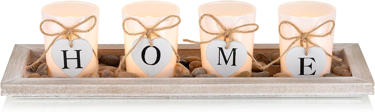 Romadedi Rustic Wooden Tray with 4 Glass Candle Holders