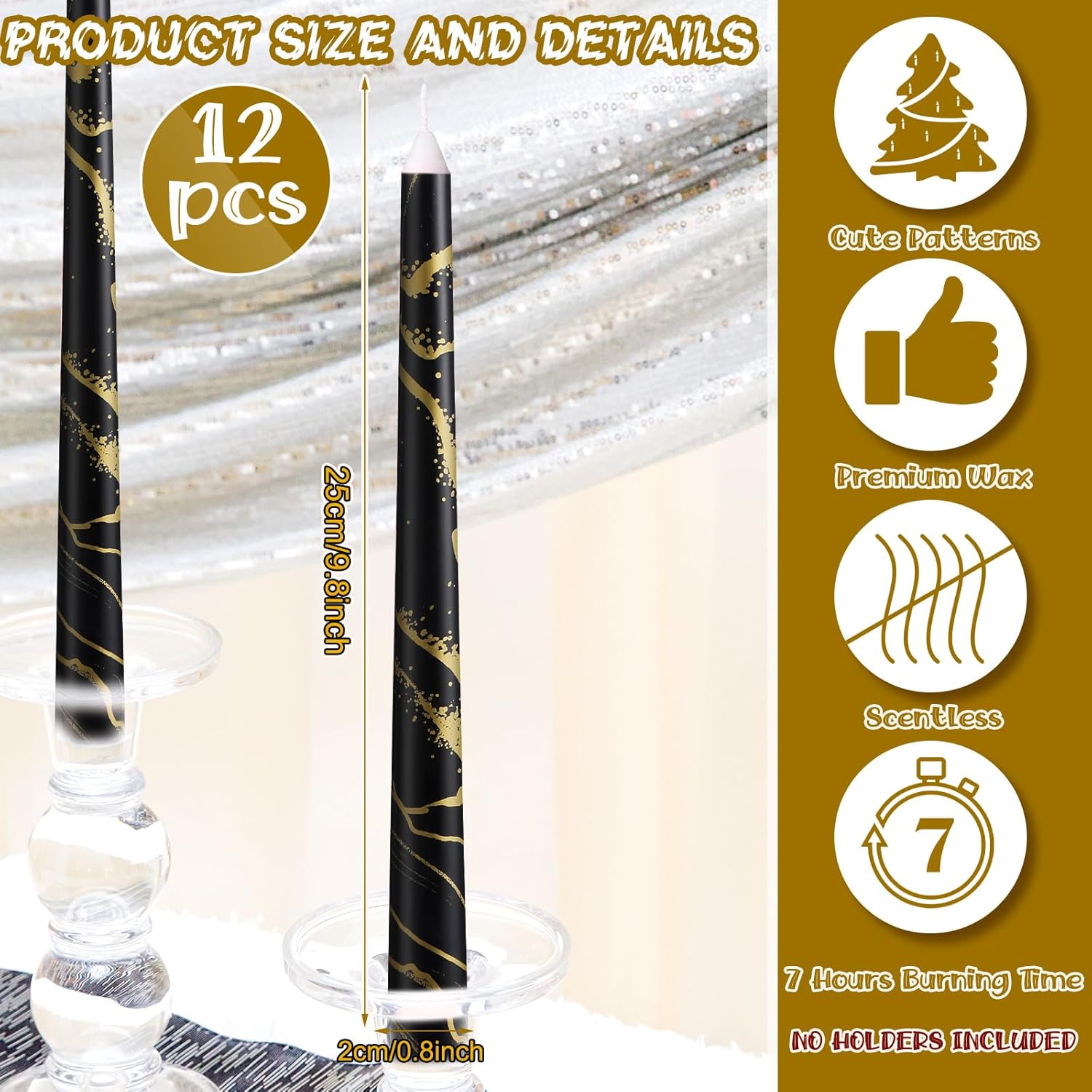 12-Piece Black Taper Candles 10 Inch Black and Gold Long Burning Candles