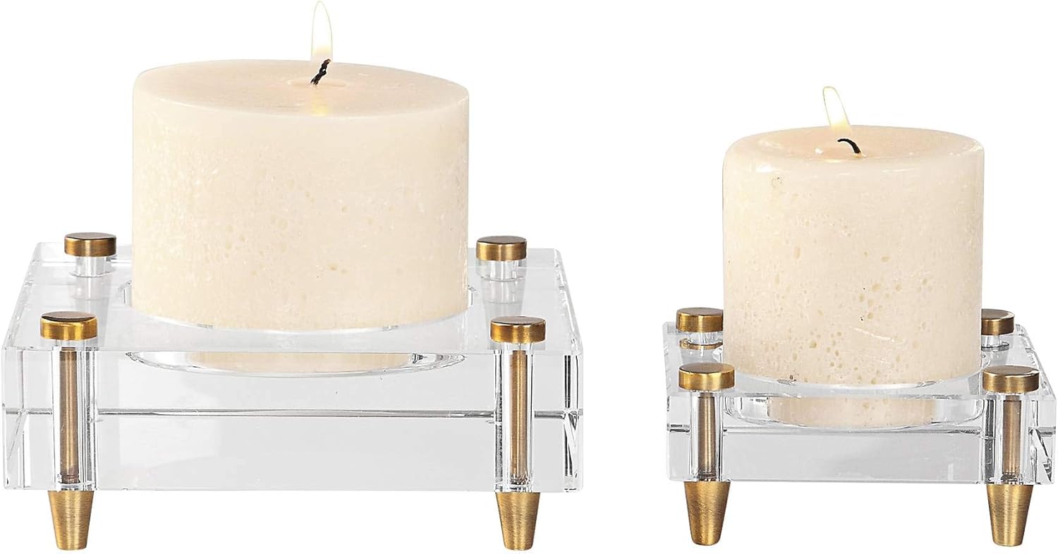 Uttermostclair Brass Crystal Pillar Candle Holder Set of 2