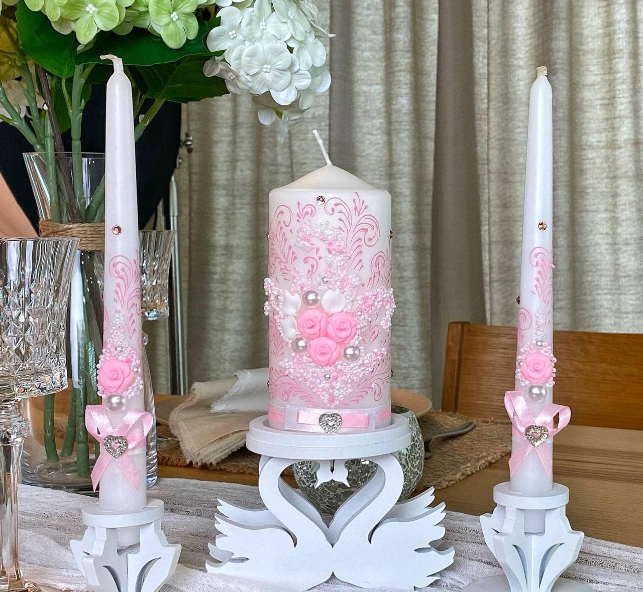 VABA Rose Pink Wedding Candles Set - 6 Pillar 2 x 10 Tapers - Unscented