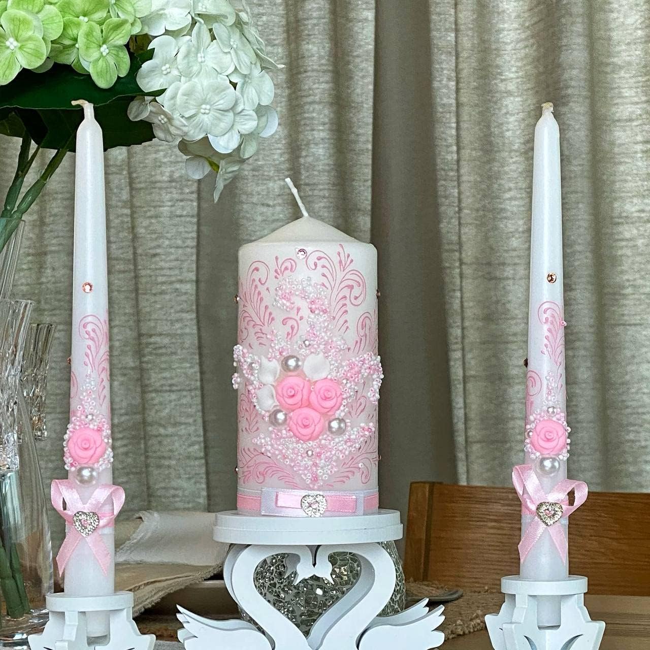 VABA Rose Pink Wedding Candles Set - 6 Pillar 2 x 10 Tapers - Unscented