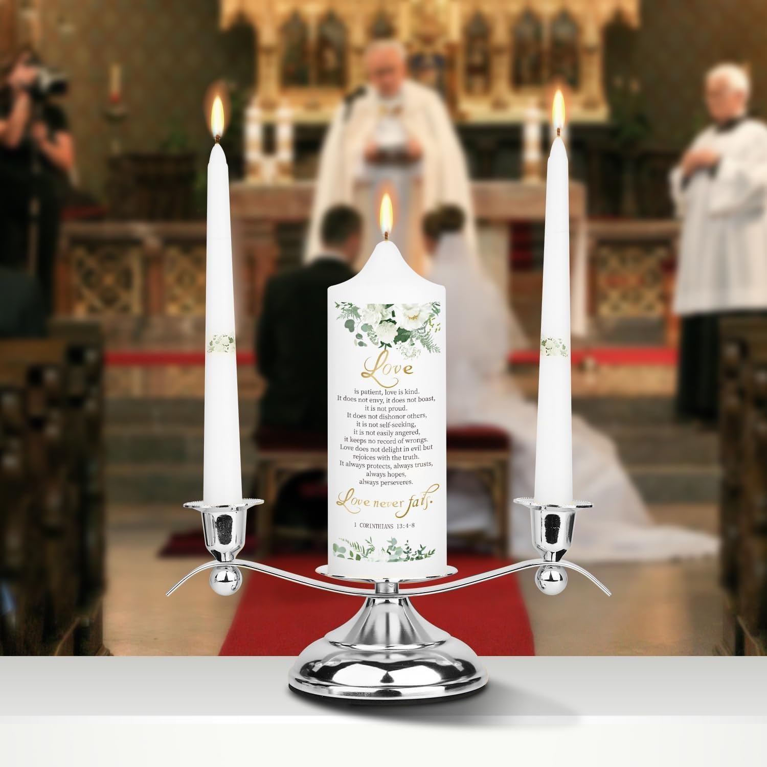 3-Unity Floral Candles Wedding Ceremony Set with Silver Holder