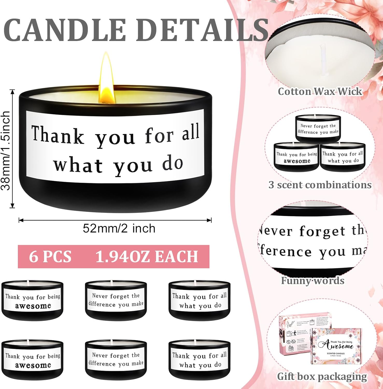 Teacher Nurse CoworkerThank You Scented Candle for Women 6Pack Gift Box