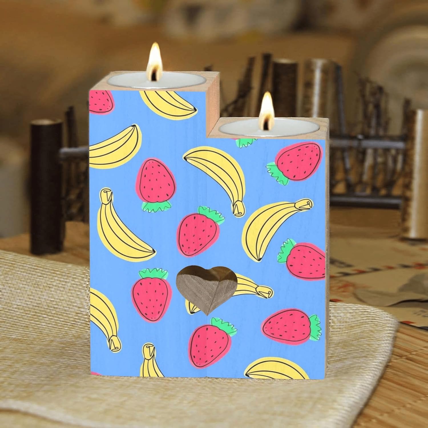 Summer Fruits - Themed Candle Holders Wooden Heart Design for Home Wedding Occasions