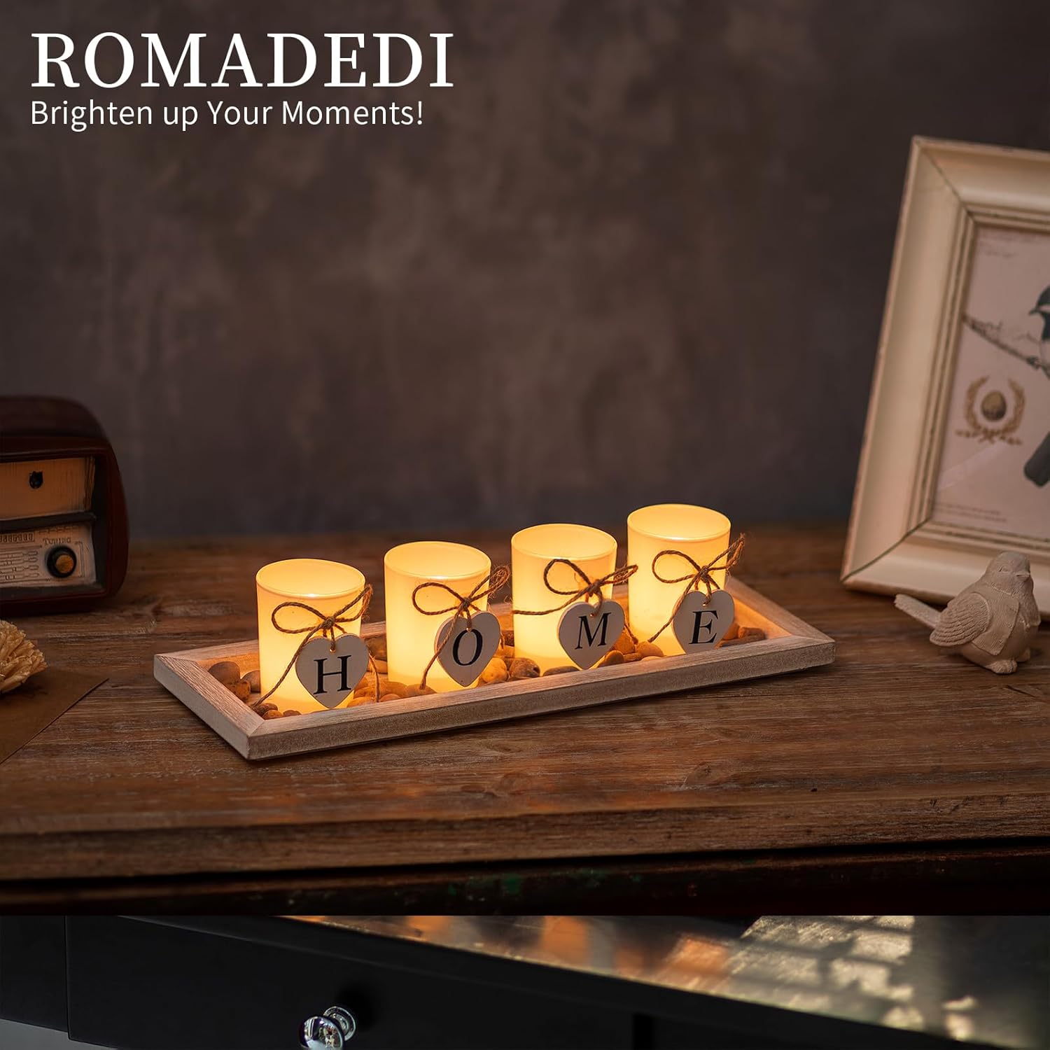 Romadedi Rustic Wooden Tray with 4 Glass Candle Holders