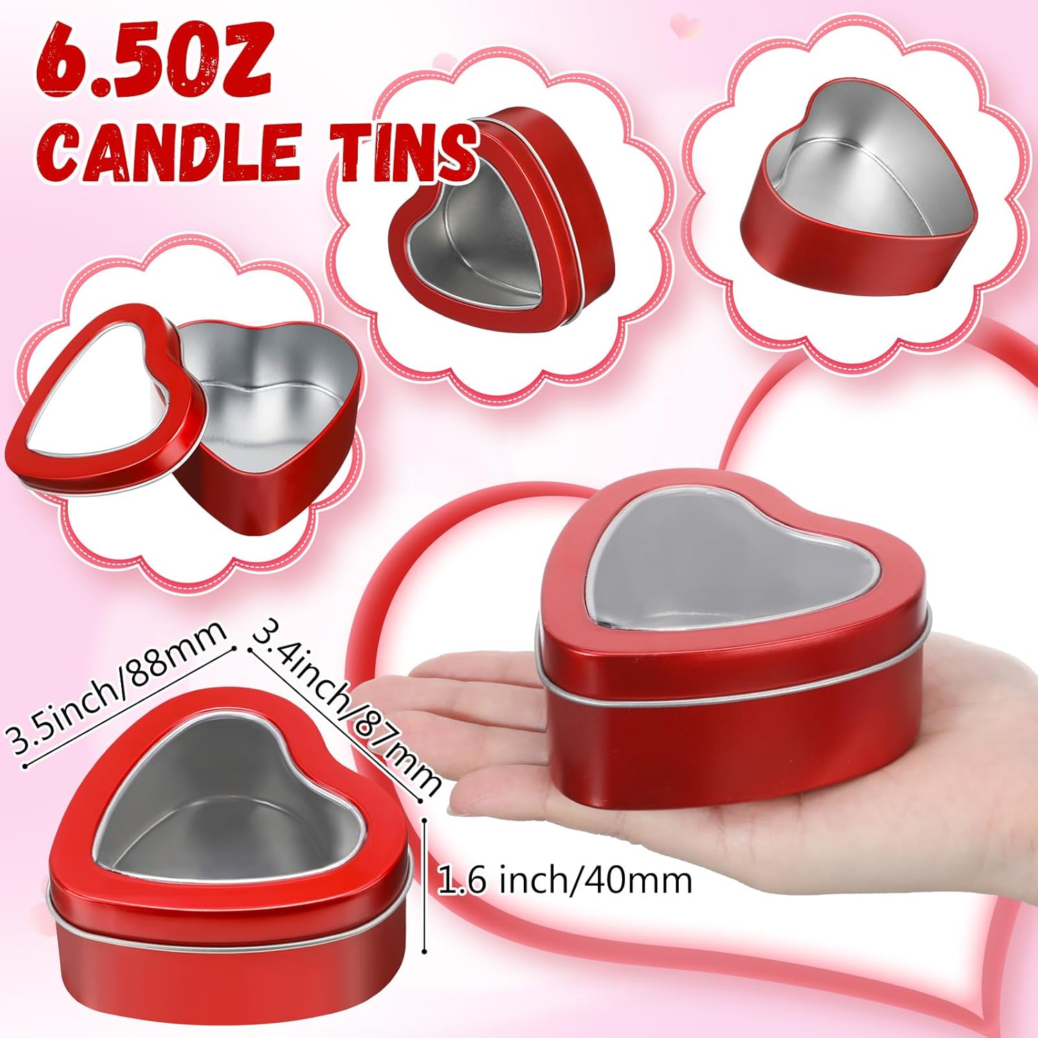 6 Heart-shaped Metal Tins with Clear Lids