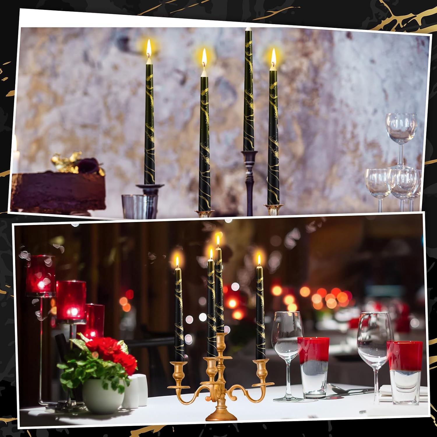 12-Piece Black Taper Candles 10 Inch Black and Gold Long Burning Candles