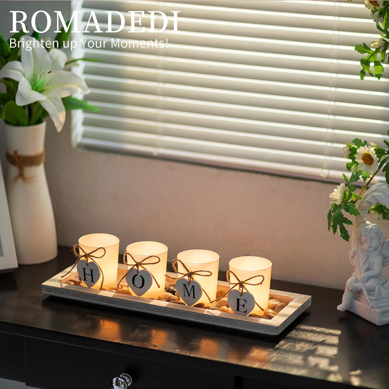 Romadedi Rustic Wooden Tray with 4 Glass Candle Holders
