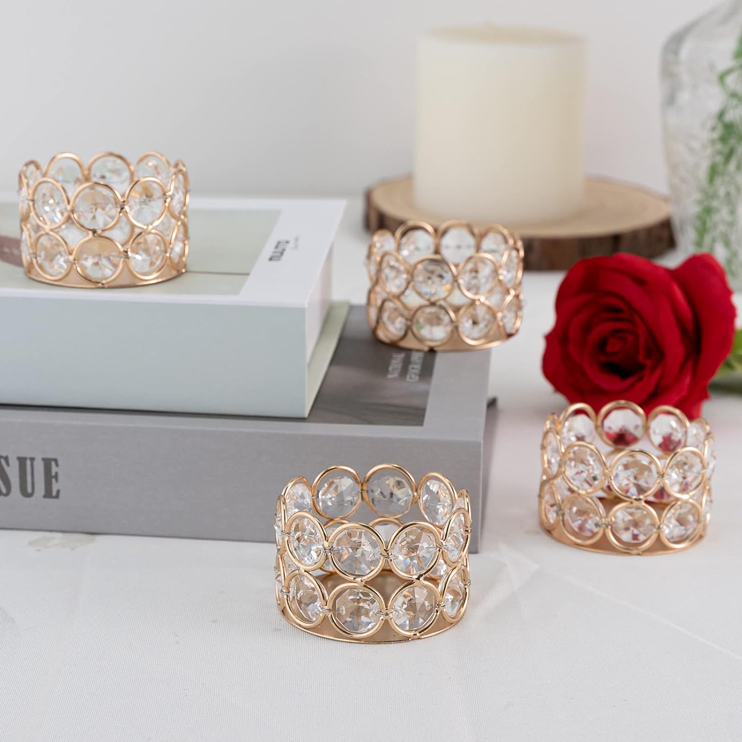 VINCIGANT Pack of 12 Gold Crystal Tea Light Holder