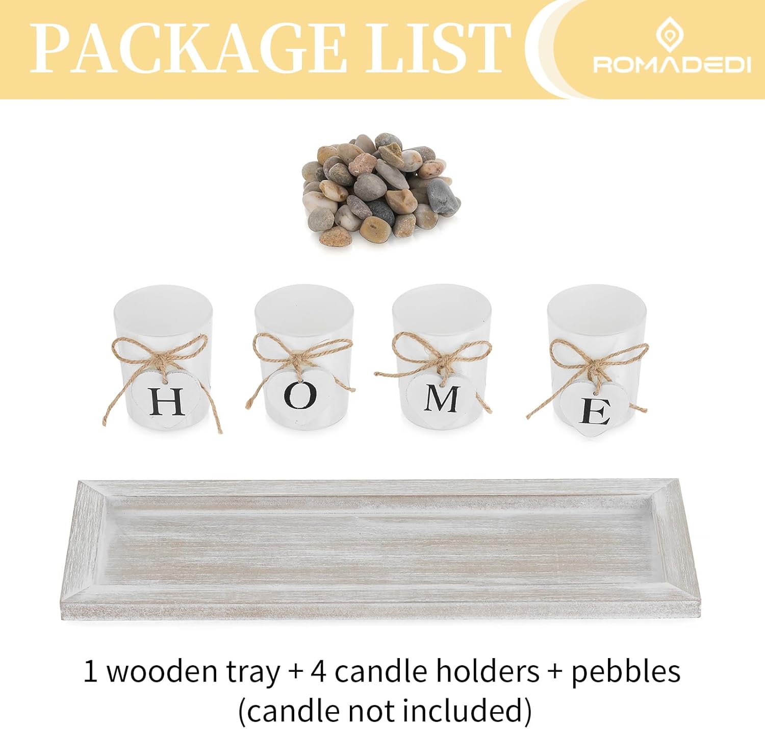 Romadedi Rustic Wooden Tray with 4 Glass Candle Holders
