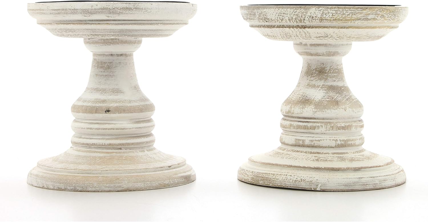 Hosleys Set of 2 White Wood Pillar Holders - 5 High