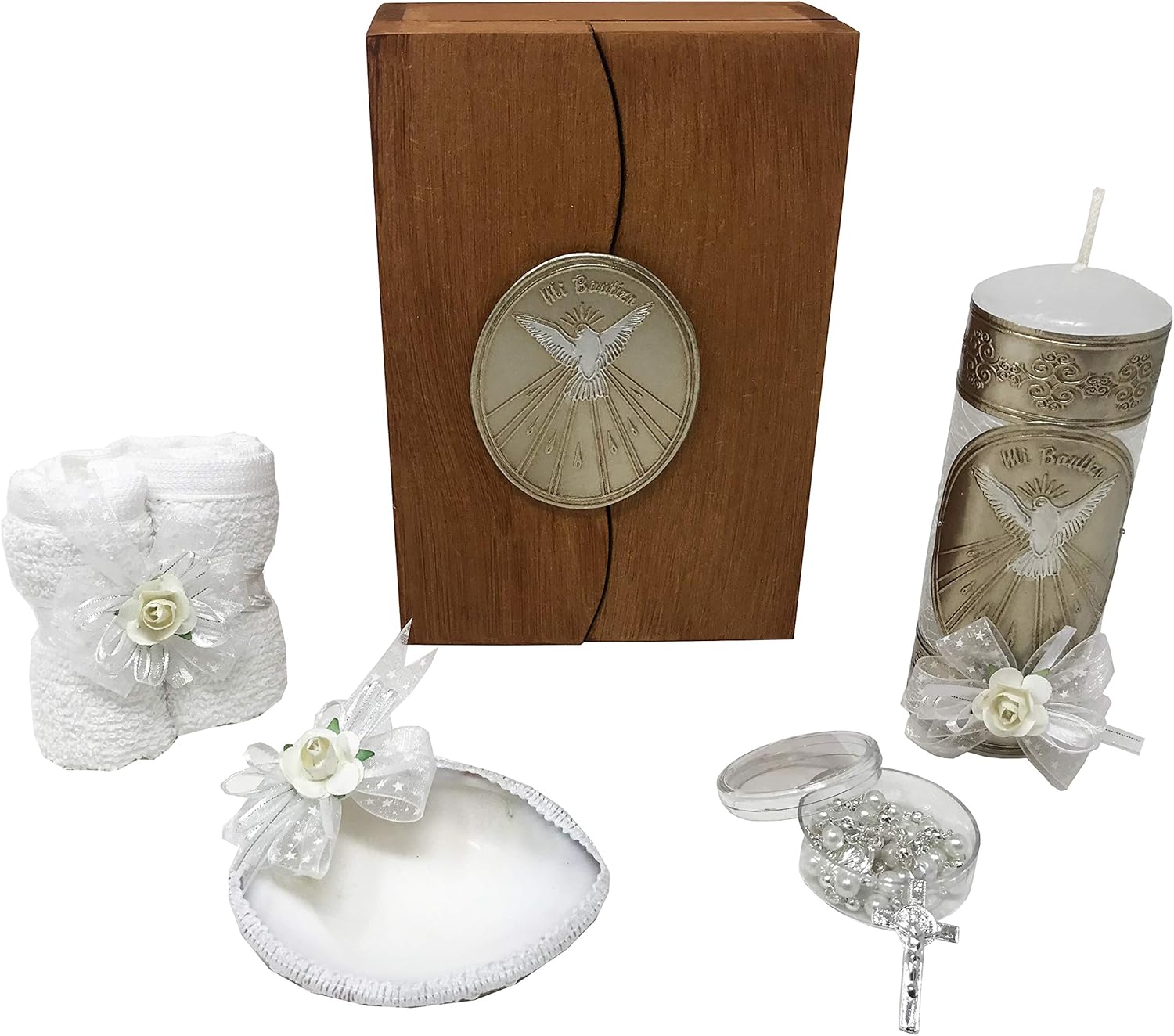 Mexican Artisans Baptism Candle Set in a Wooden Box