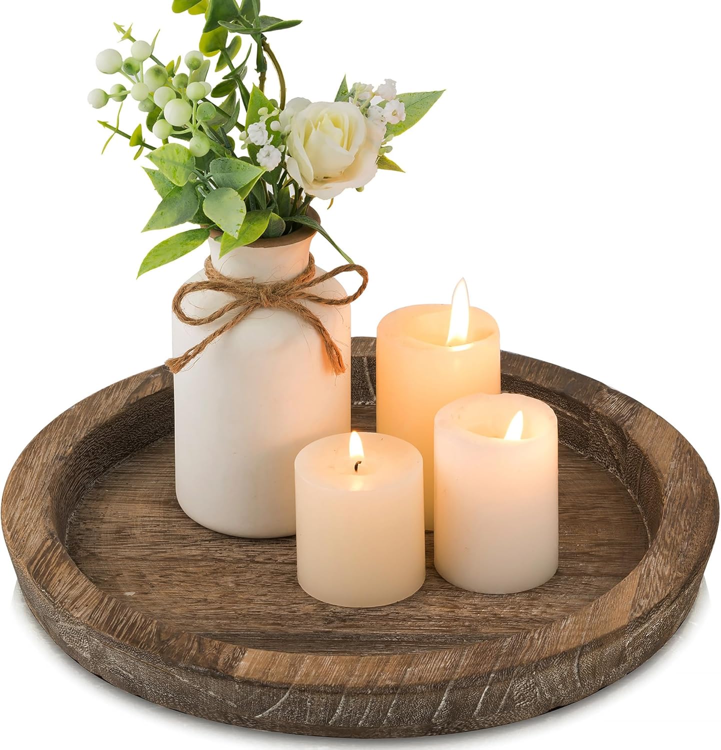Hanobe Small Candle Plate Holder Rustic Wooden Table Centerpiece