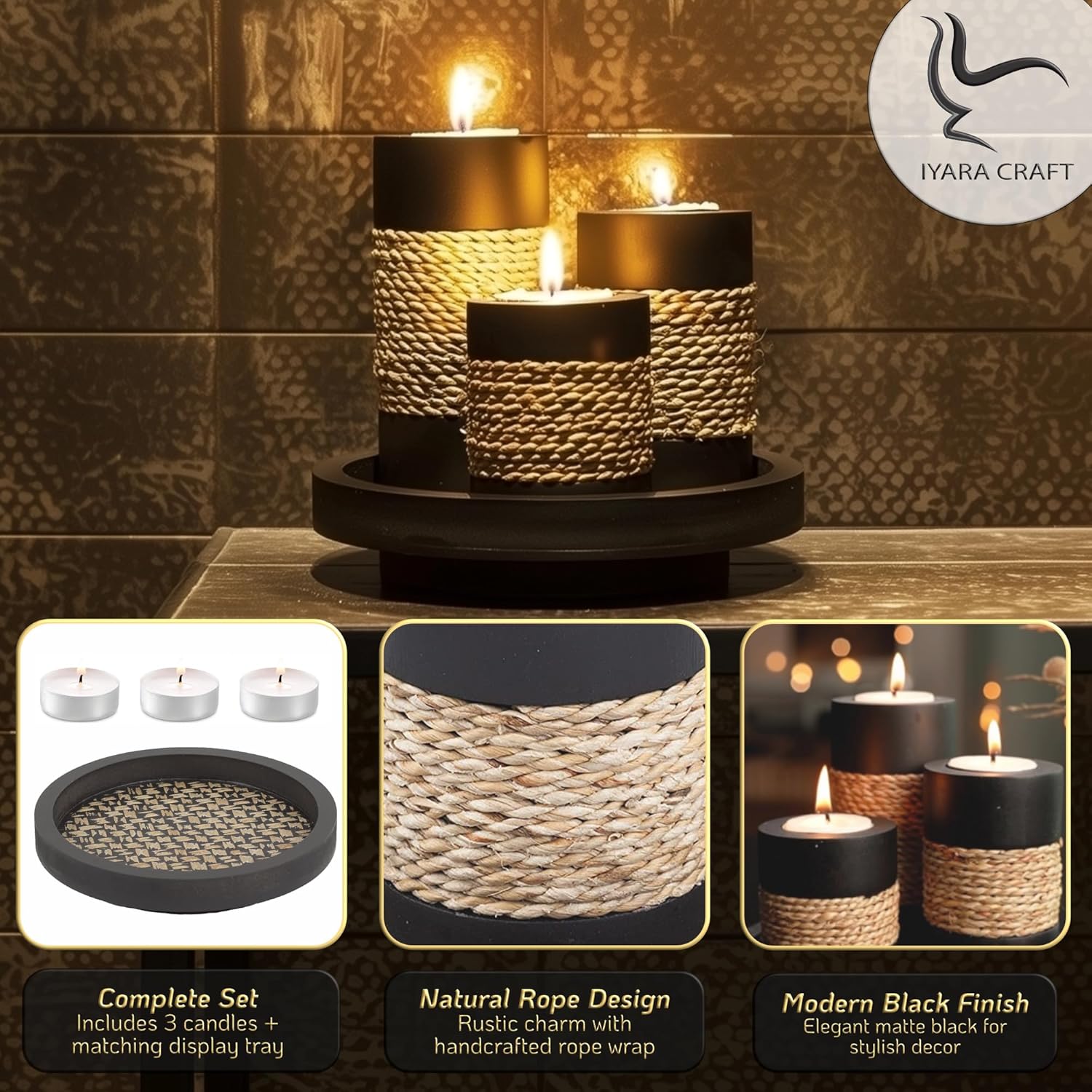 Iyara Craft Tealight Candle Holders Set of 3 with Tray 1