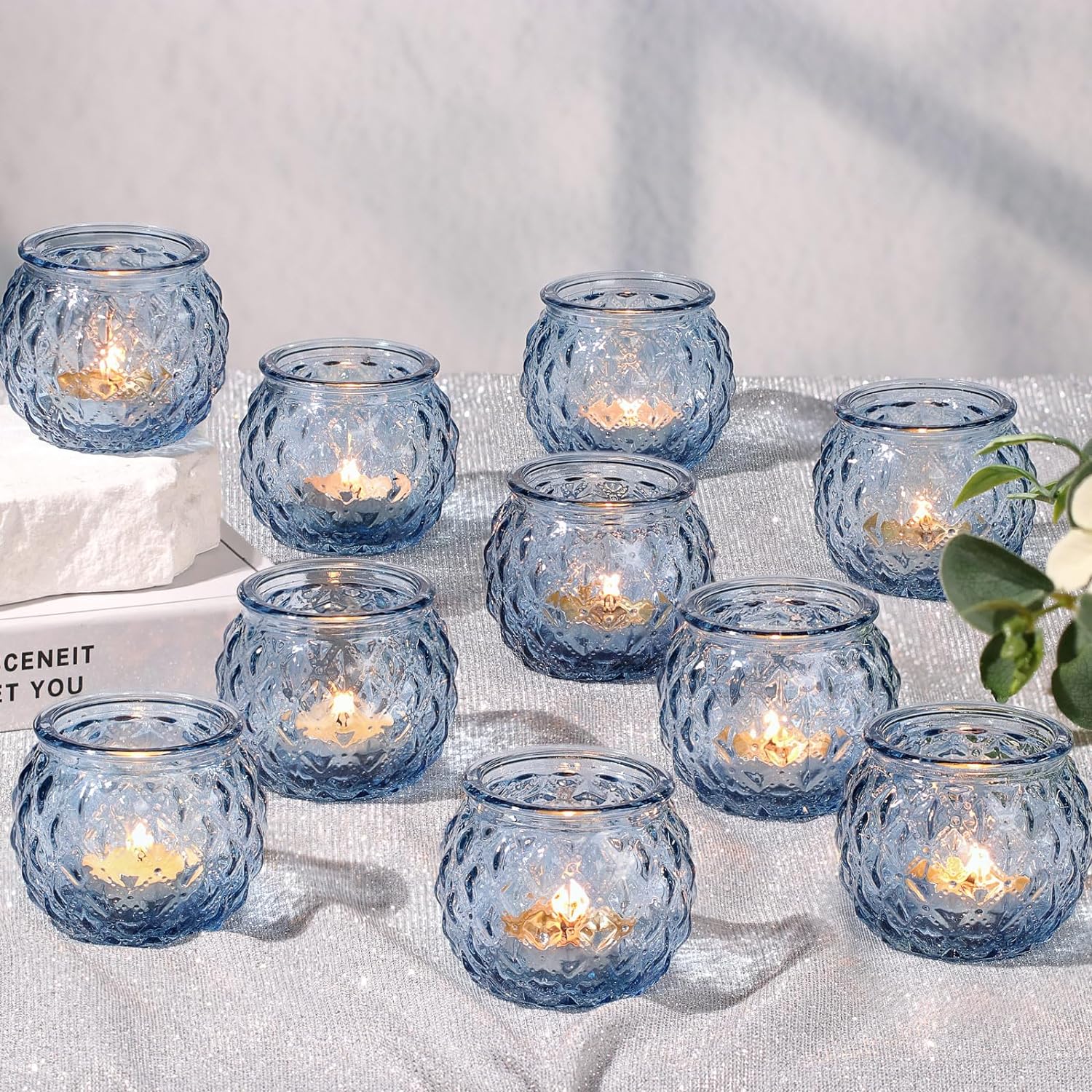 Stunning Blue Diamond Textured Votive Candle Holder Set of 24