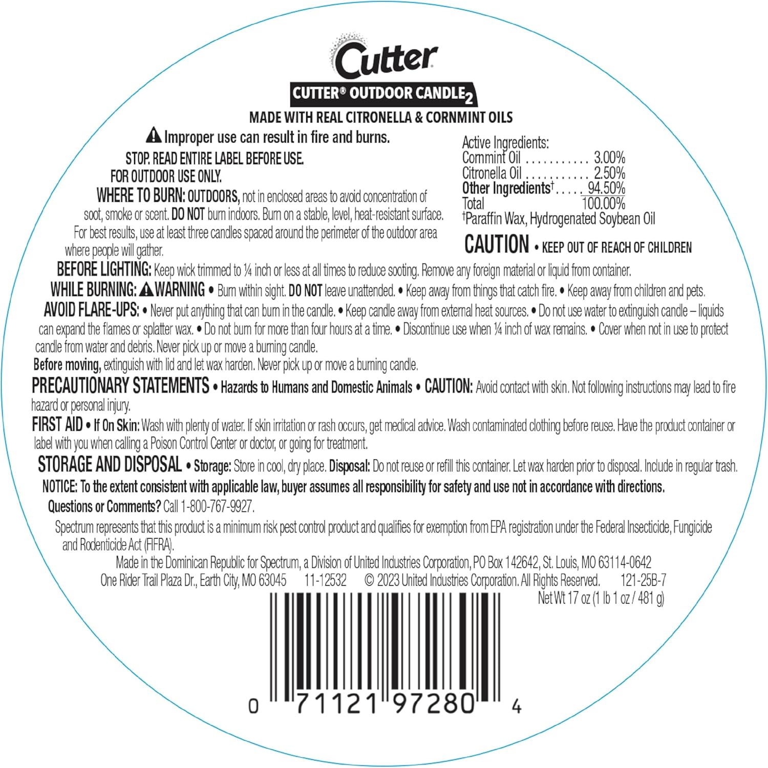 Cutter Citronella Cornmint Oil Candle Reduce Mosquitoes 17 Ounces