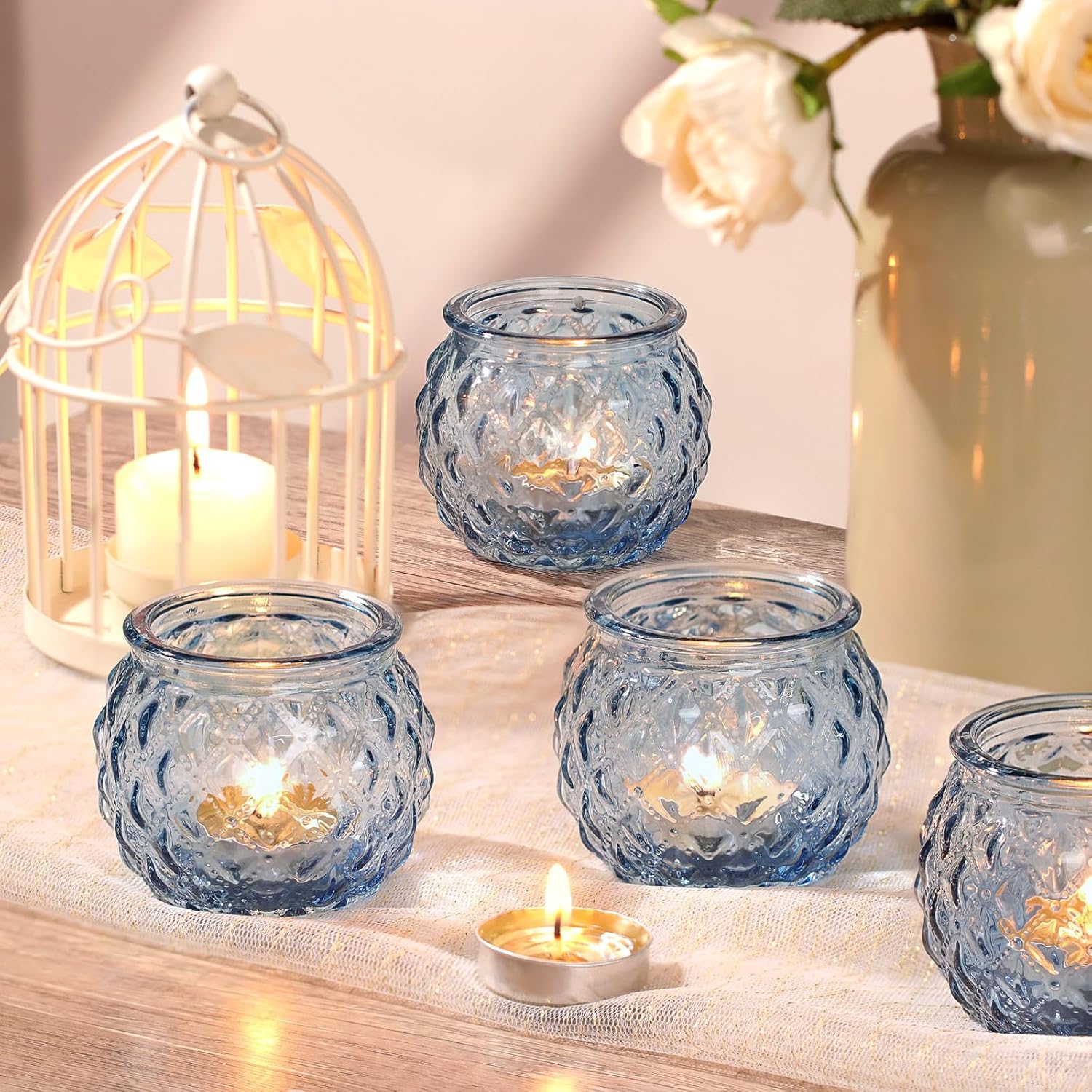 Stunning Blue Diamond Textured Votive Candle Holder Set of 24