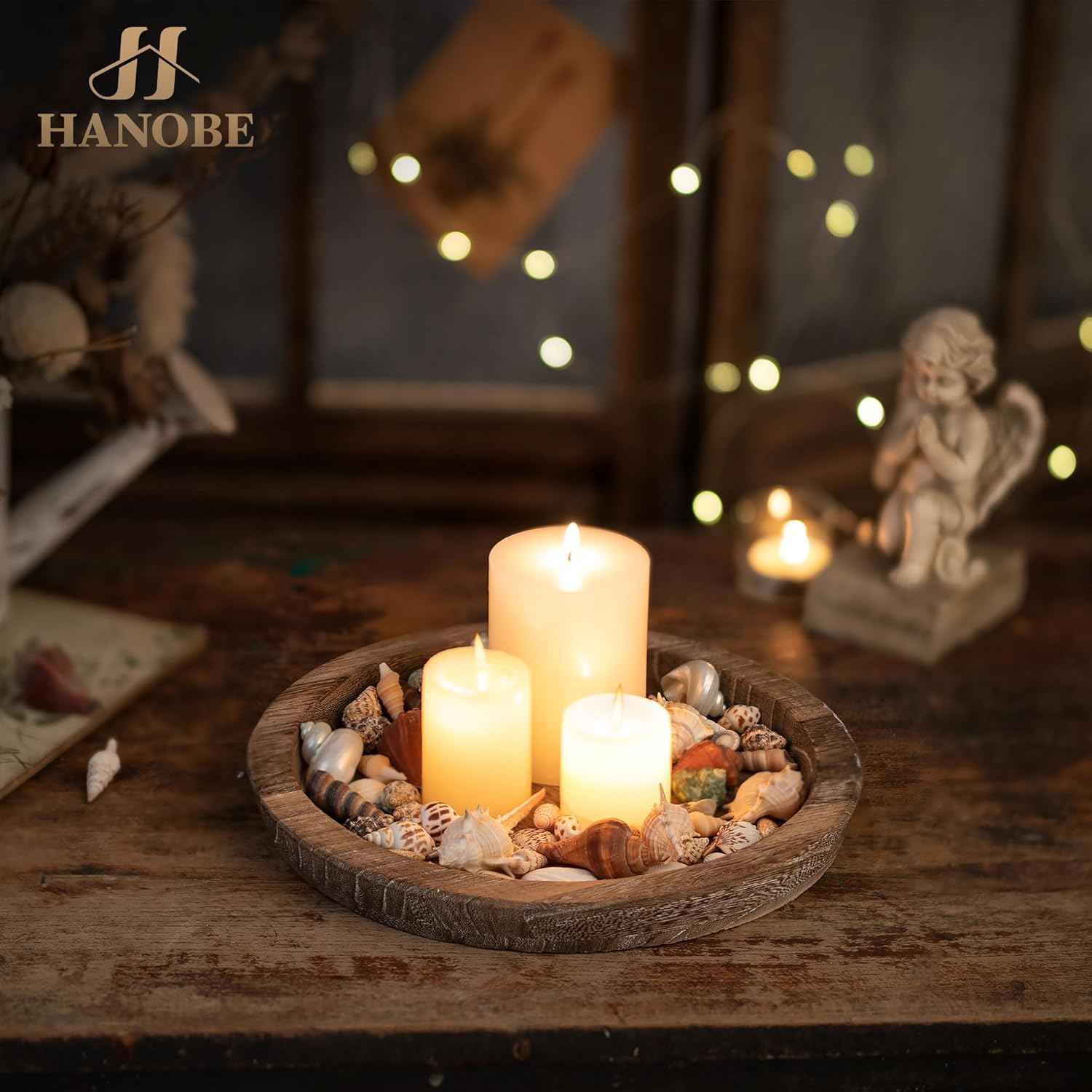 Hanobe Small Candle Plate Holder Rustic Wooden Table Centerpiece