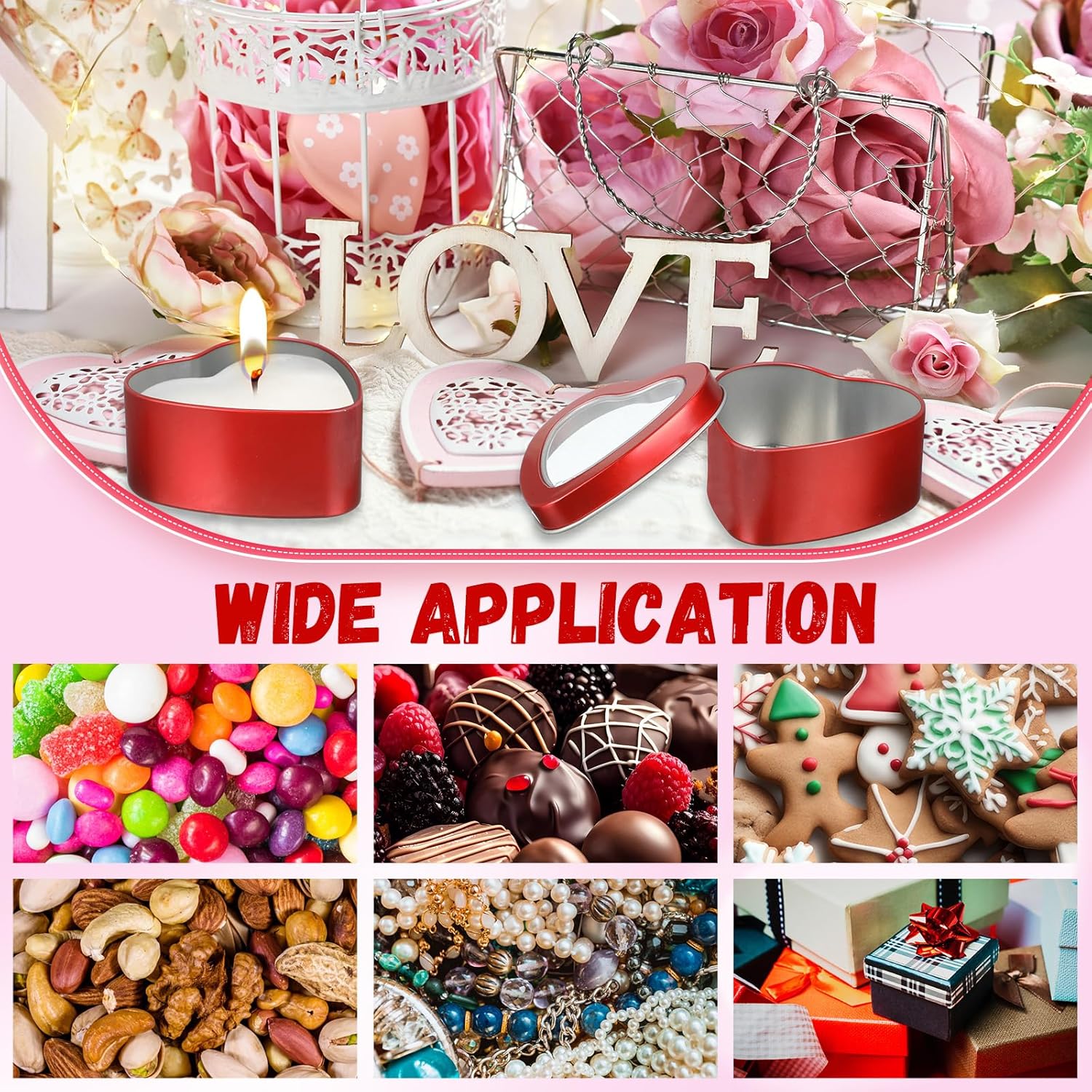 6 Heart-shaped Metal Tins with Clear Lids