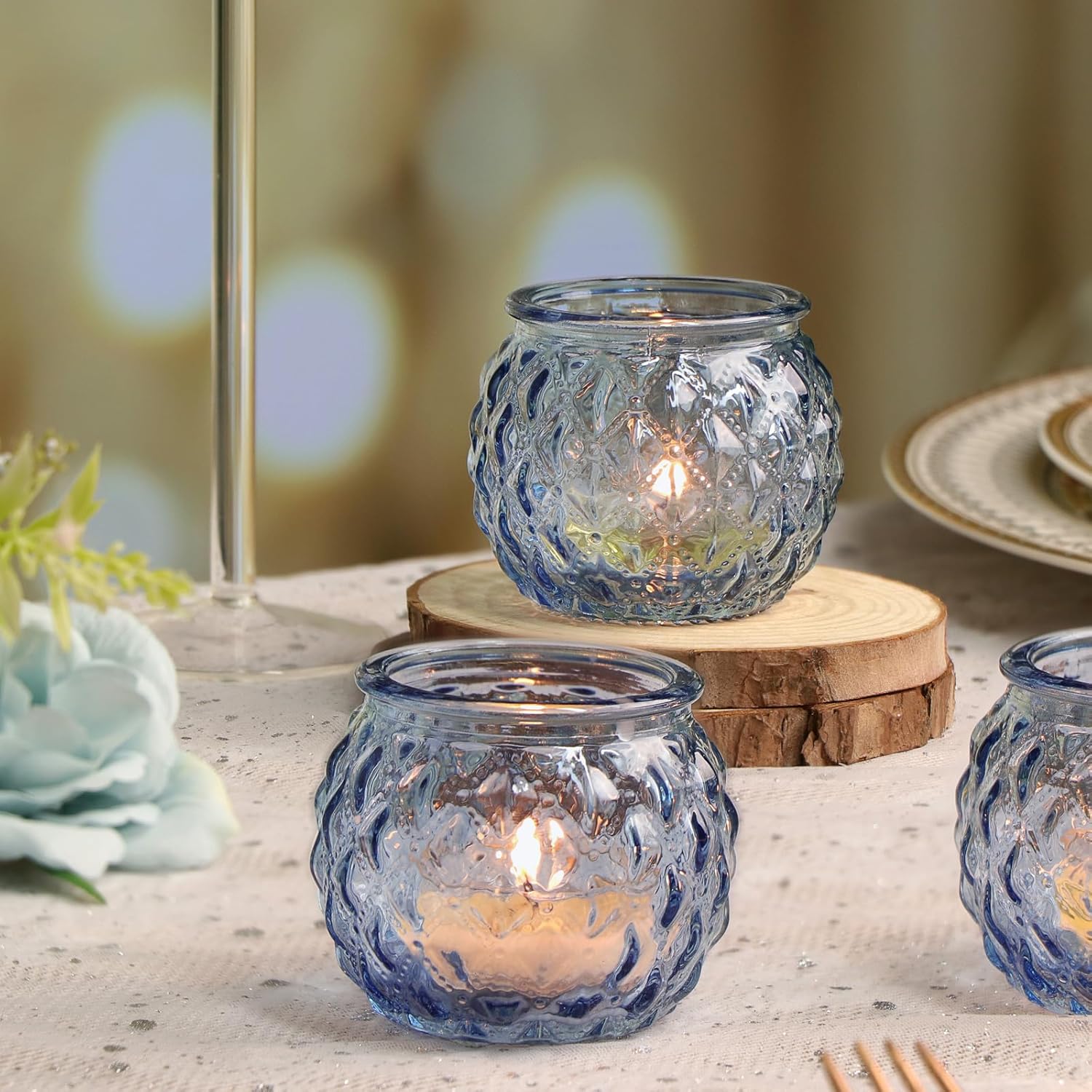 Stunning Blue Diamond Textured Votive Candle Holder Set of 24