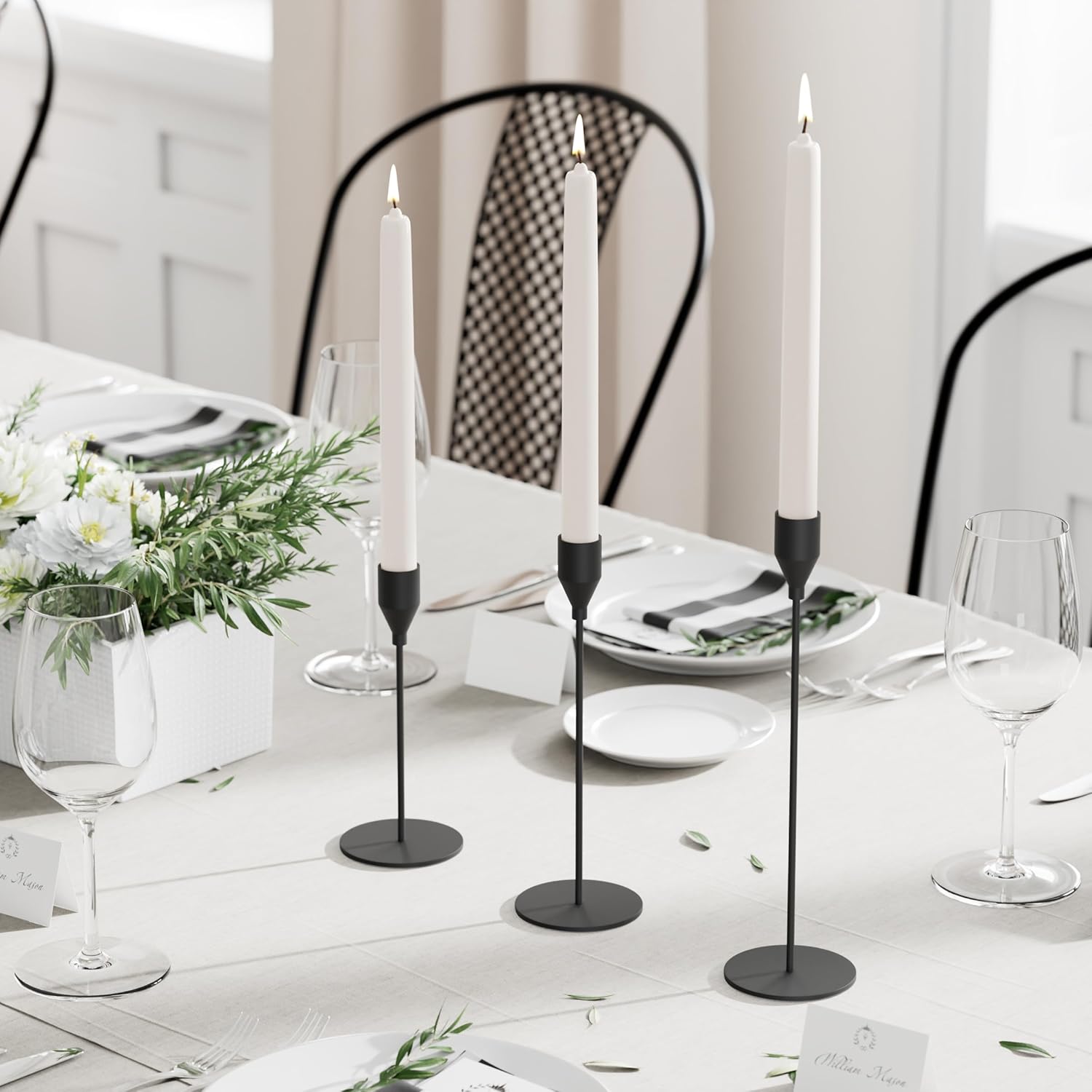 Elegant Matte Black Taper Candle Holder Set